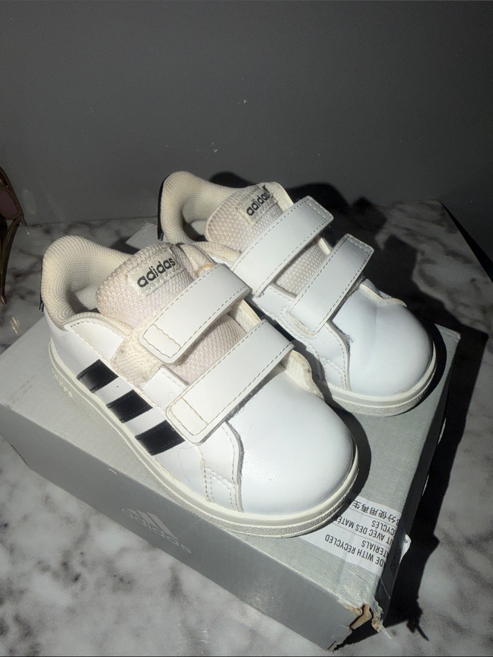 adidas Kids White Sneakers with Black 3-Stripes Velcro